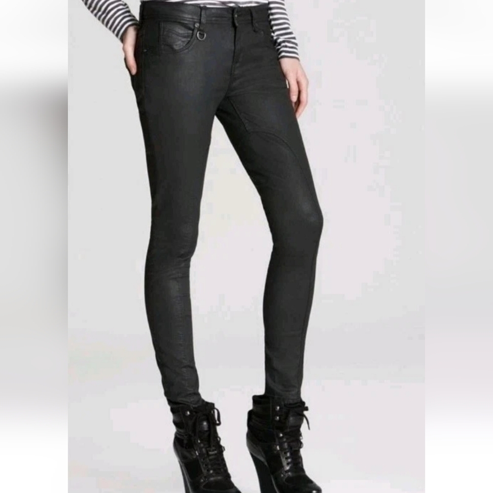 Burberry Brit Pilton Waxed Denim Black Moto Jeans Size 30